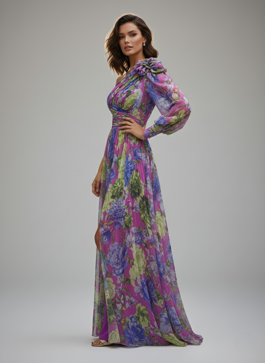 Lilla - Maxi abito sexy a una manica con stampa viola e spacco lateral