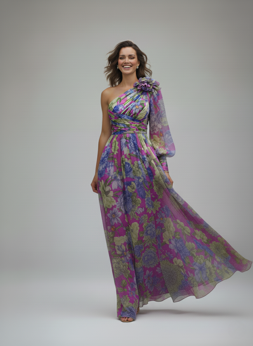 Lilla - Maxi abito sexy a una manica con stampa viola e spacco lateral