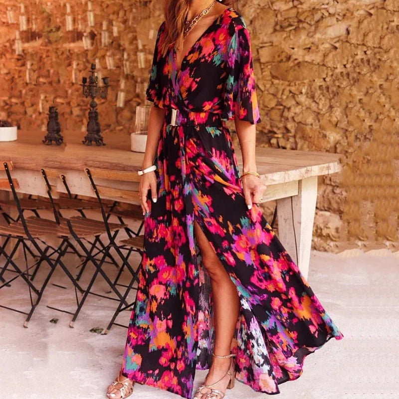 Vina - Maxi abito stampato alla moda con spacco