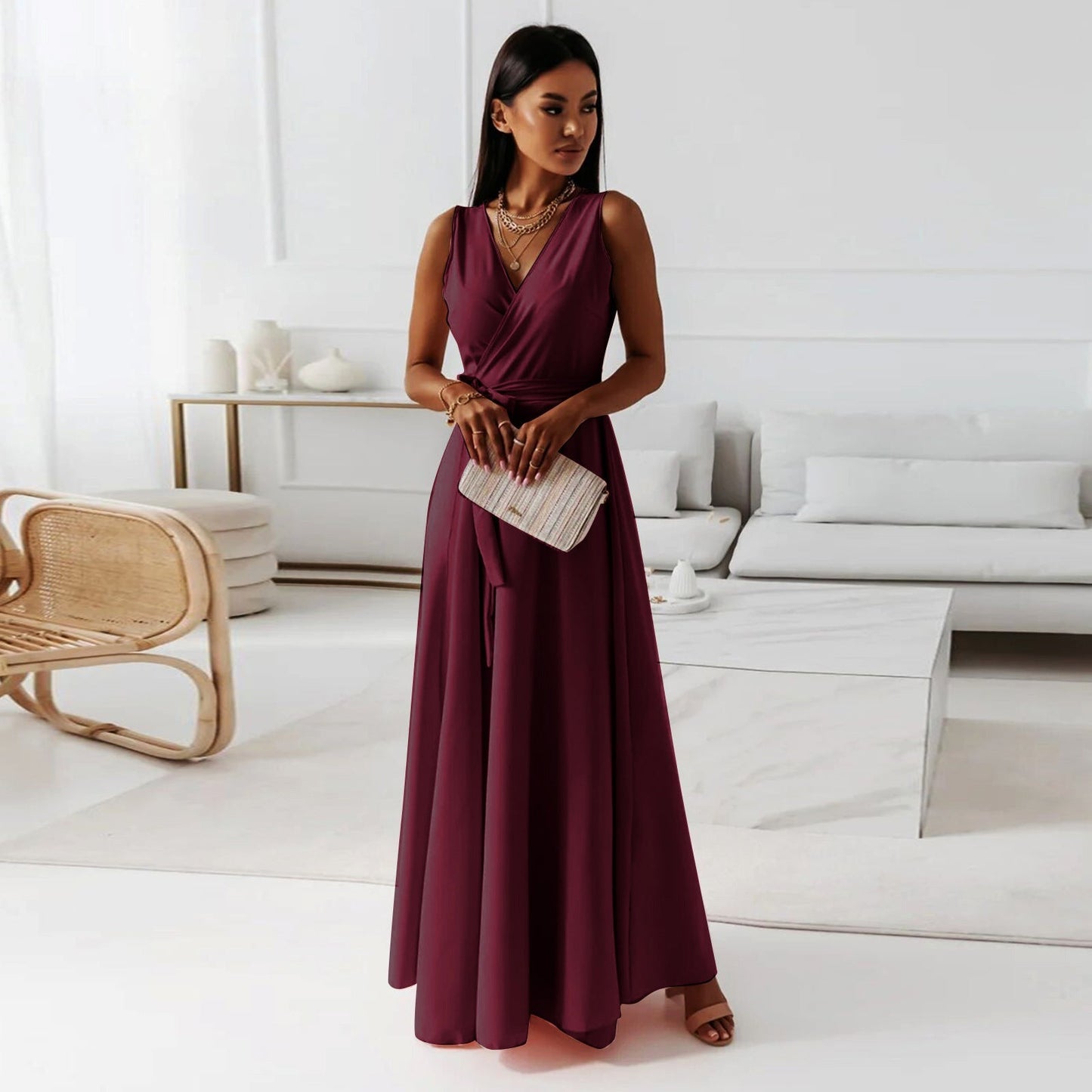 Gretchen - Maxi abito da donna con scollo a V a tinta unit