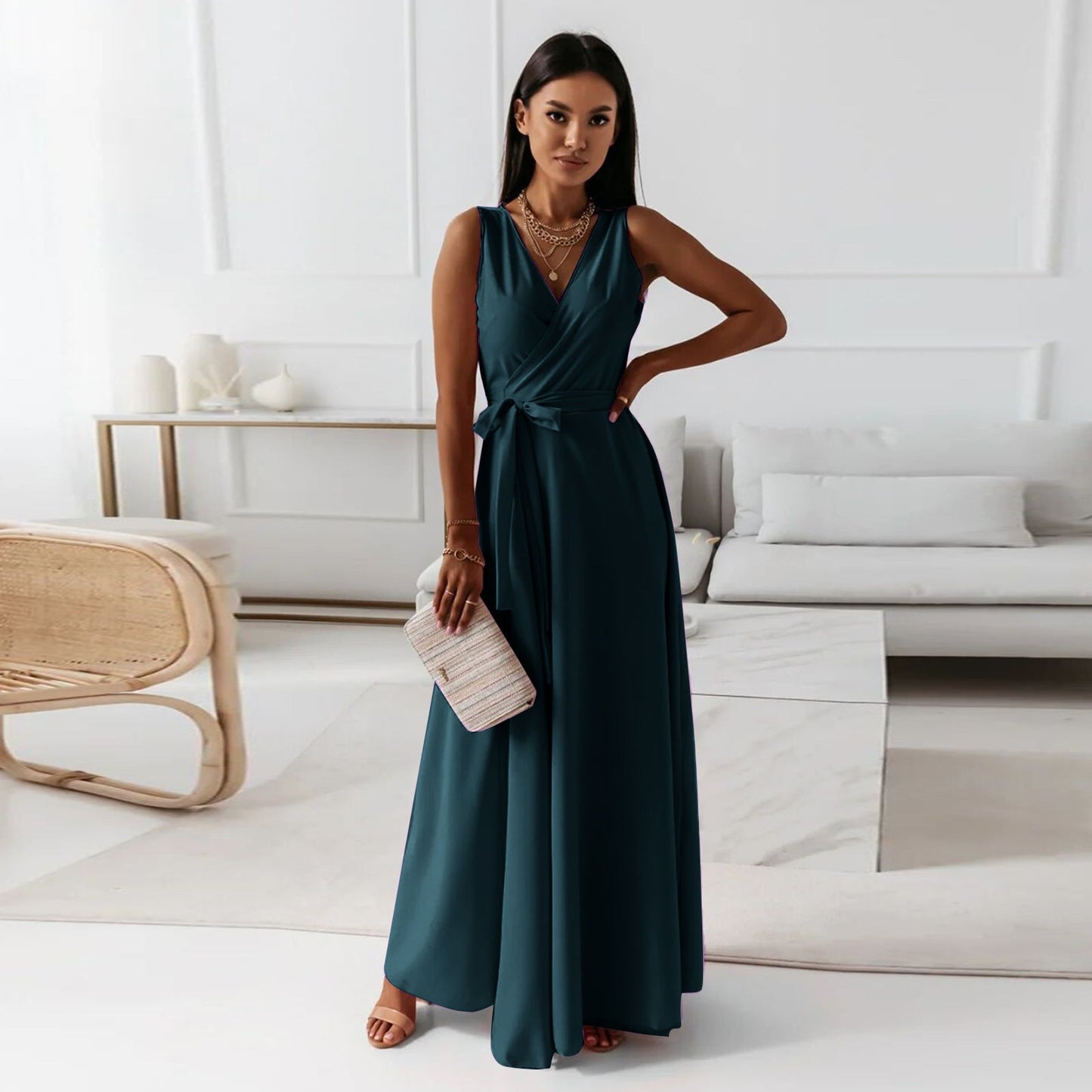 Gretchen - Maxi abito da donna con scollo a V a tinta unit
