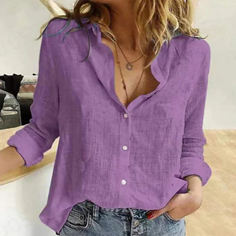 Maelyn - Camicia da donna elegante e casual a maniche lunghe in cotone e lino