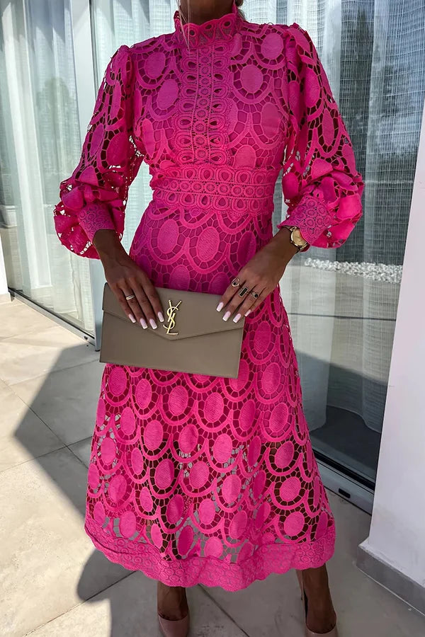 Liah - Romantico, sensuale ed elegante abito midi con maniche a lanterna in pizzo croche