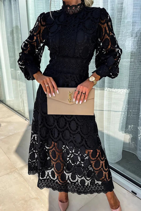 Liah - Romantico, sensuale ed elegante abito midi con maniche a lanterna in pizzo croche