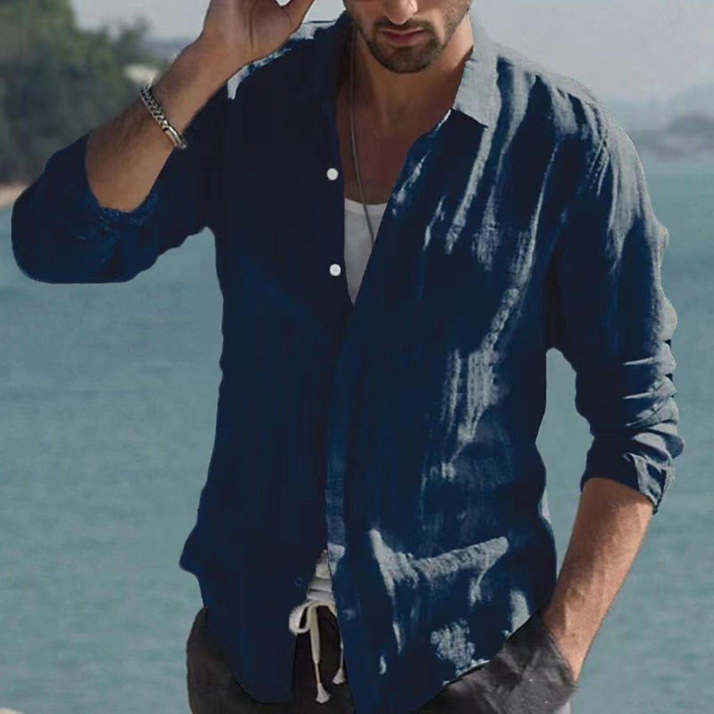 Camicia vintage in lino tinta unita con colletto risvoltato – Jam