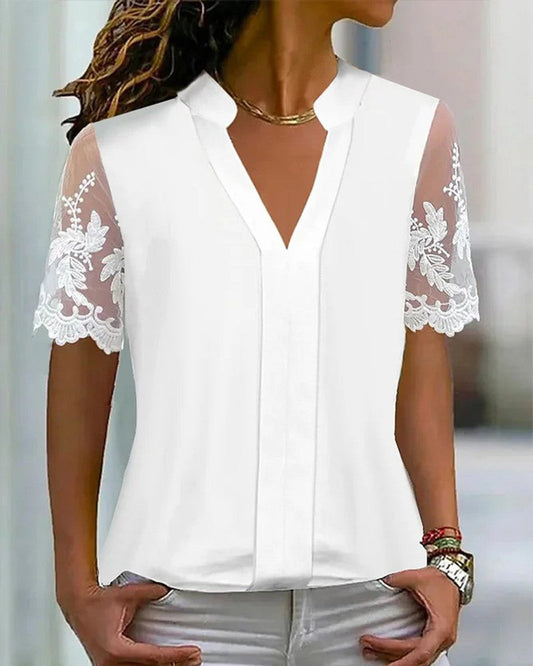 Top in pizzo patchwork semplice e monocolore con maniche corte