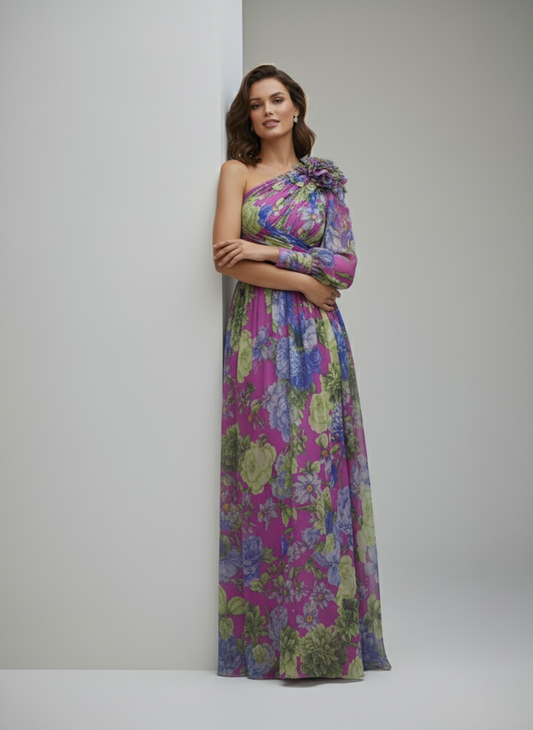 Lilla - Maxi abito sexy a una manica con stampa viola e spacco lateral