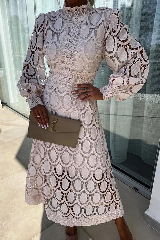 Liah - Romantico, sensuale ed elegante abito midi con maniche a lanterna in pizzo croche